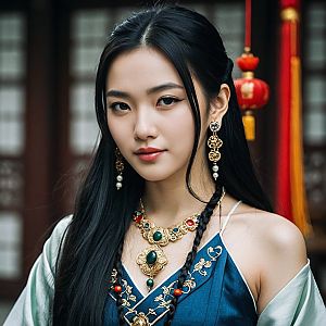 Elegant Woman in Blue Traditional Outfit with Gold Jewelry