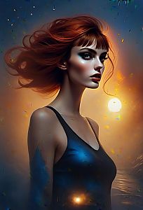 Striking portrait of a woman with red hair at sunset