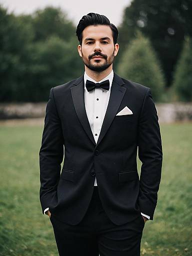 Man in Classic Black Wedding Suit with Bow Tie Outdoor Portrait