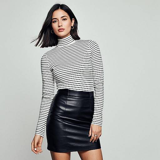 Woman in Contemporary Chic Fitted Long Sleeve White Top with Horizontal Stripes and Black Leather Skirt