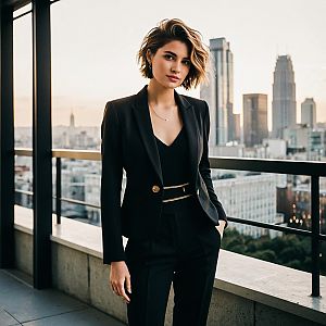 Confident Woman in Black Suit Overlooking City Skyline at Sunset