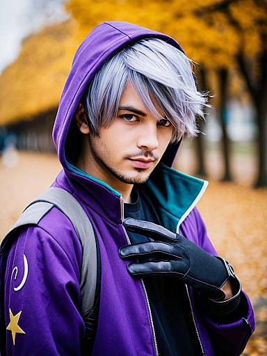 Moze Honkai Star Rail Cosplay with Silver Hair in Autumn Park