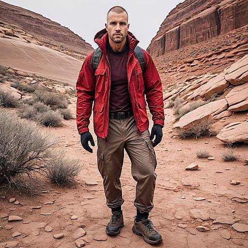 Man Hiking in Red Jacket Through Rocky Desert Canyon