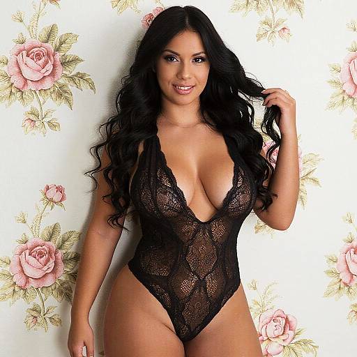 Confident Woman in Black Lace Bodysuit with Floral Wallpaper Background