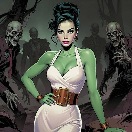 Green-Skinned Woman in Vintage Dress Surrounded by Zombie Skeletons
