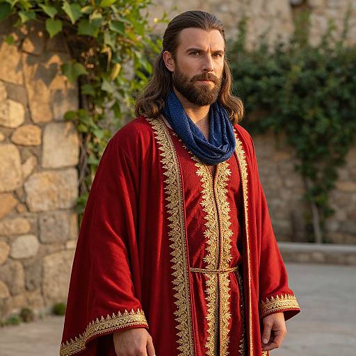Man in Traditional Embroidered Red Robe with Blue Scarf Outdoors
