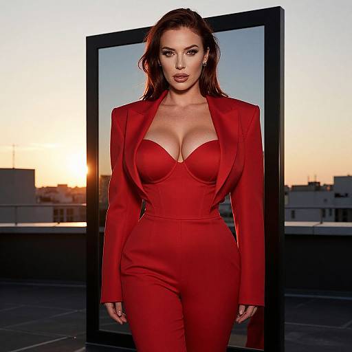Confident Woman in Red Tailored Jumpsuit on Rooftop at Sunset