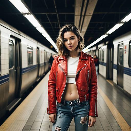 Young Woman in Red Leather Jacket at Urban Subway Station