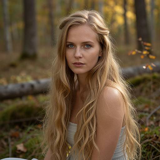 Portrait of Young Blonde Woman in Autumn Forest