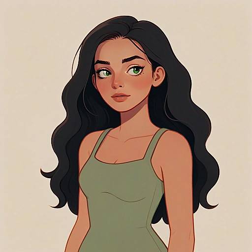 Stylish Digital Portrait of Young Woman with Long Black Hair and Green Eyes