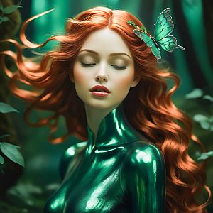 Woman with Red Hair and Butterfly in Green Nature