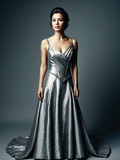 Elegant Woman in Silver Gown Photorealistic Studio Portrait