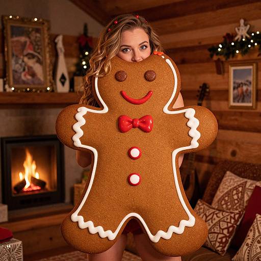 Festive Woman Holding Giant Gingerbread Man Cookie by Fireplace