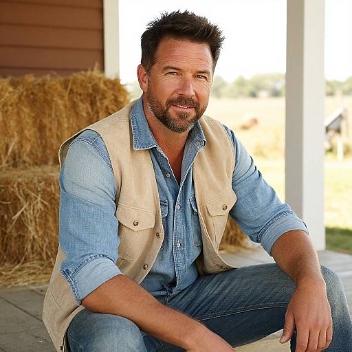 Confident Man in Denim and Beige Vest Sitting on Porch with Hay Bales