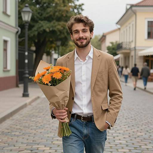 Young Man Holding Orange Flower Bouquet Walking on Cobblestone Street