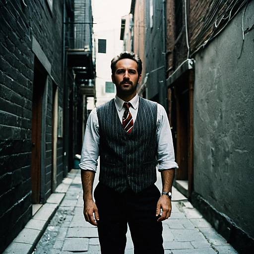 Man in Vintage 1920s Style Vest and Tie Standing in Narrow Alley