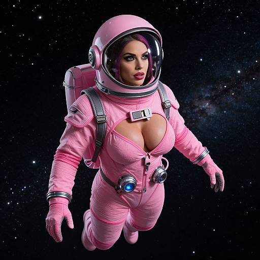 Woman Astronaut in Stylish Pink Space Suit Floating in Outer Space