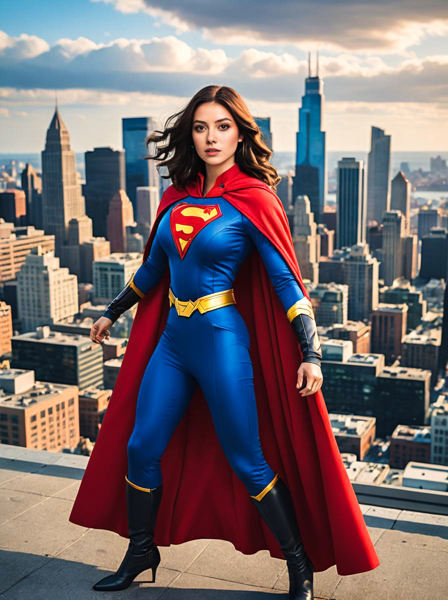 Woman in Superhero Costume Against City Skyline