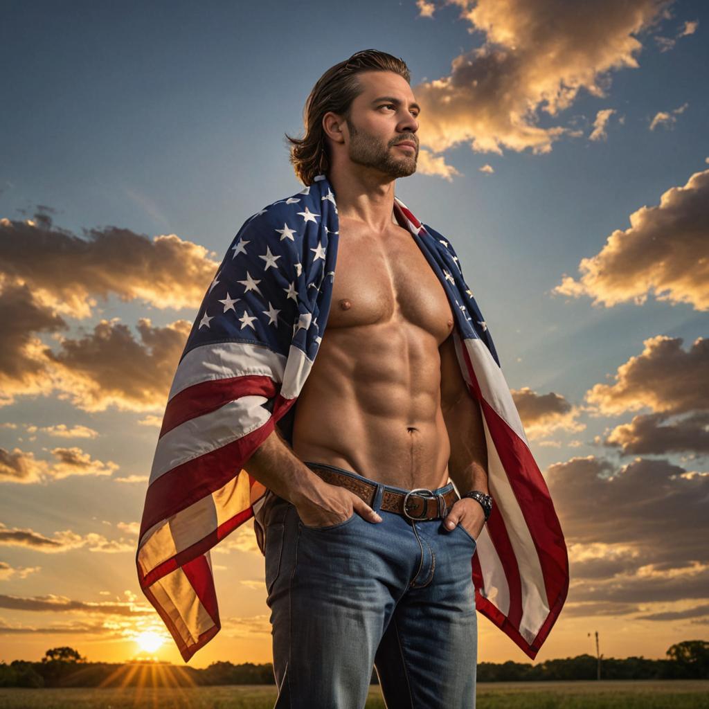 Proud man with American flag at sunset