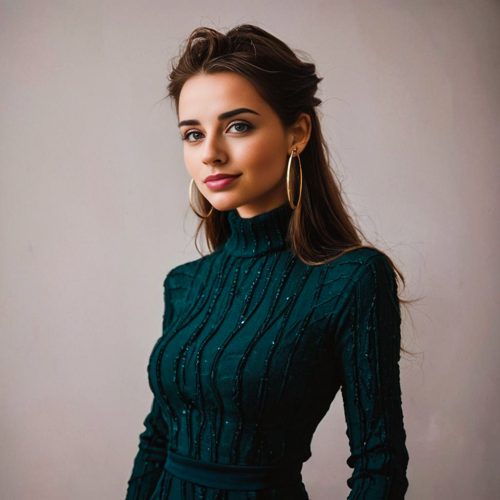 Confident Woman in Dark Green Sweater Dress