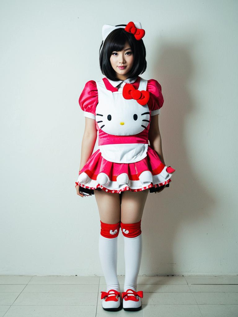 Hello Kitty Cosplay Woman in Red and White Costume