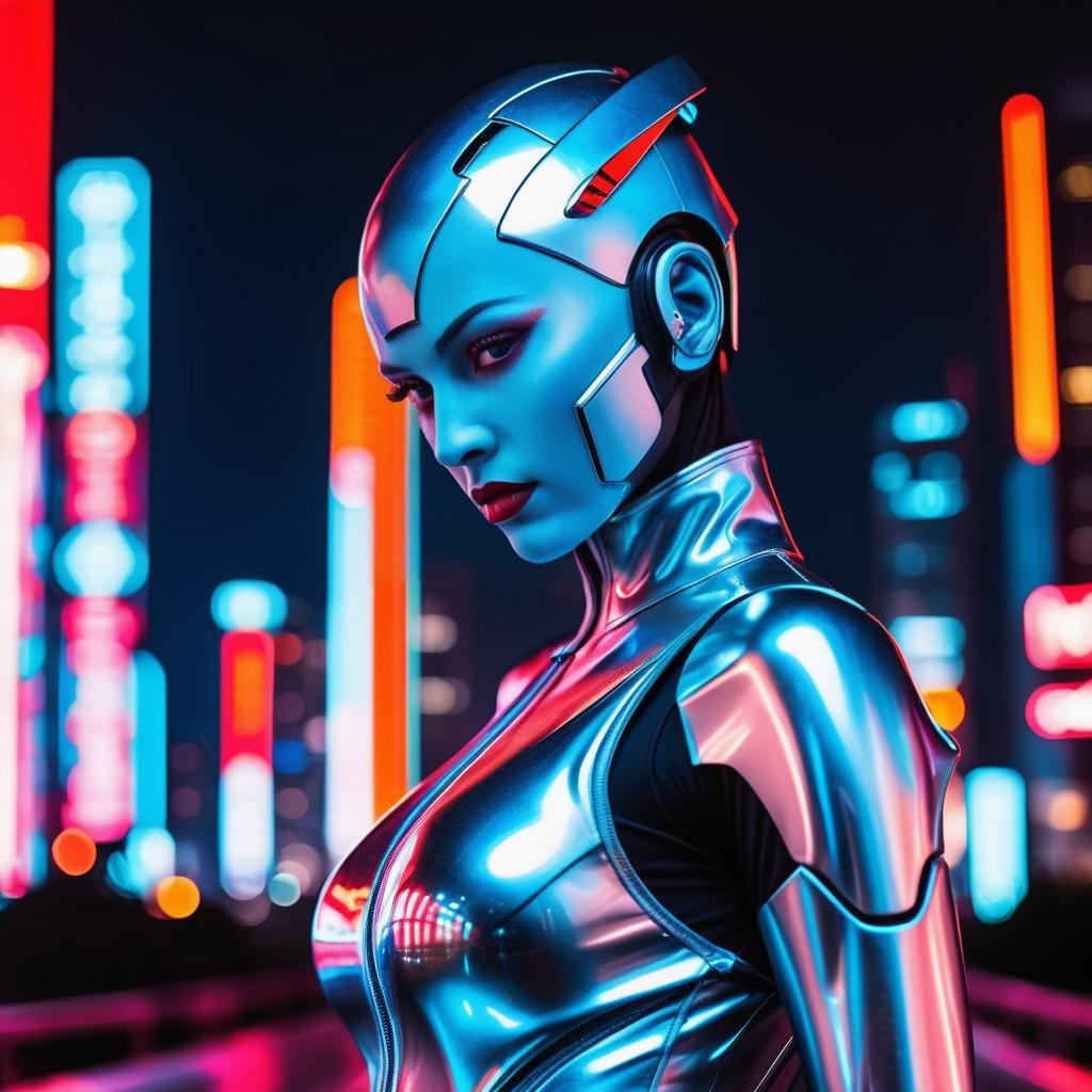 Futuristic Woman in Cybernetic Suit Against Neon Cityscape