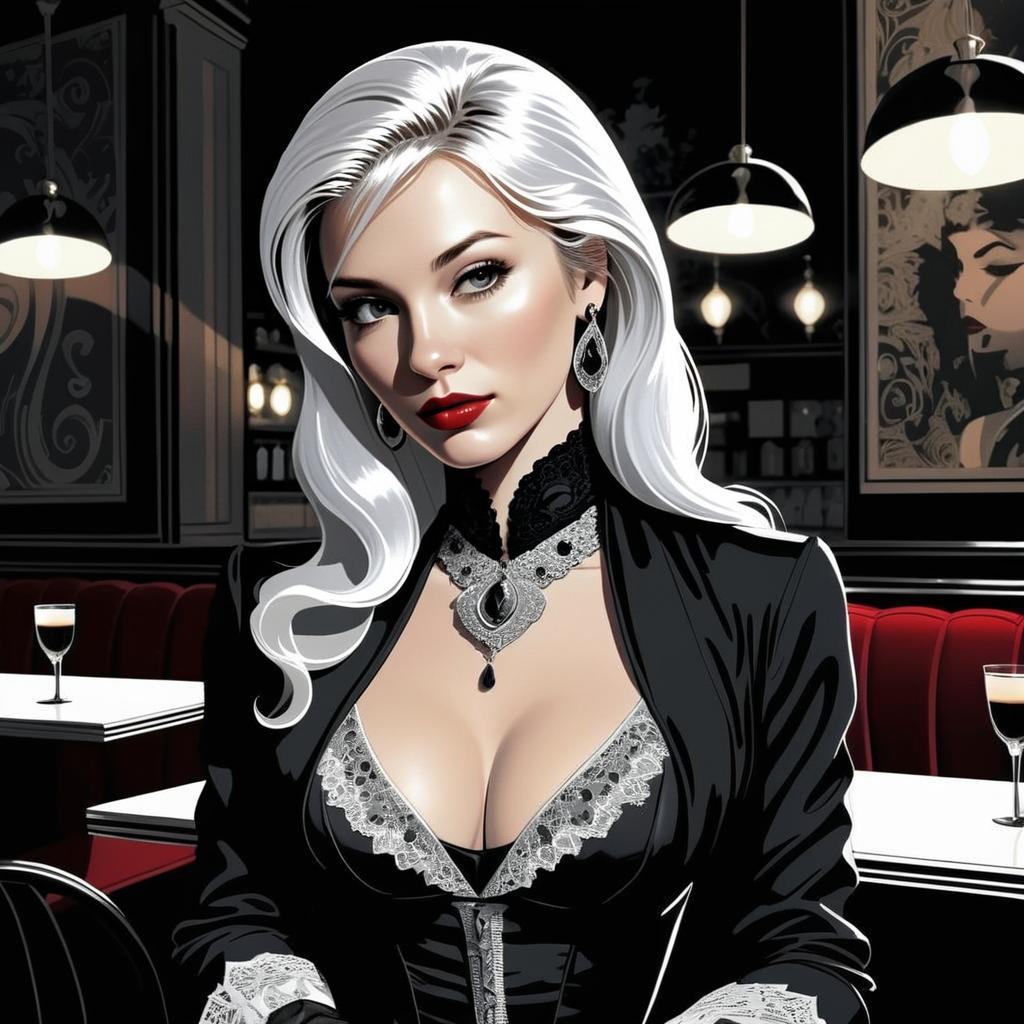 Glamorous Woman in Black Lace Outfit in Elegant Lounge Digital Art