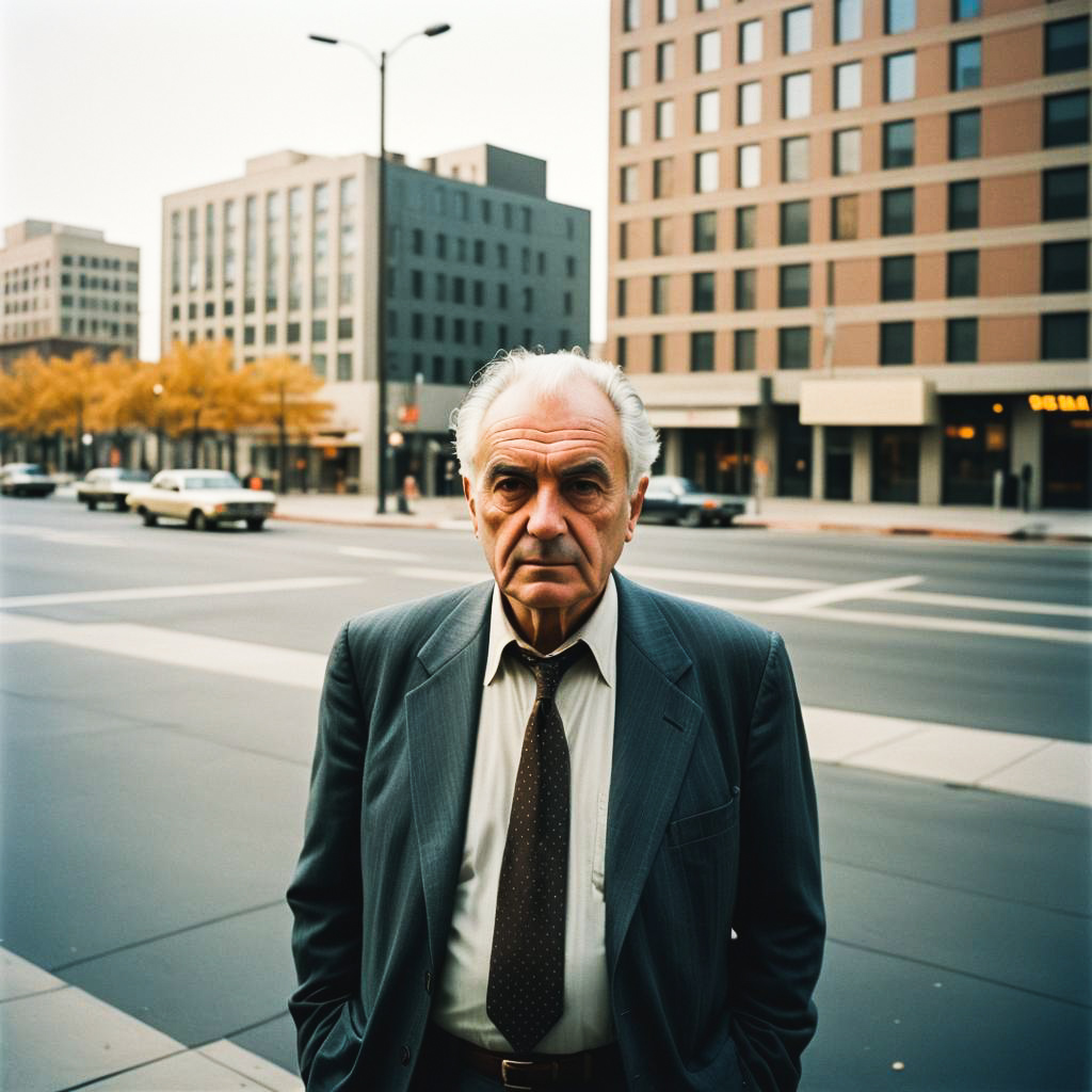 Stern Elderly Man in Urban Cityscape