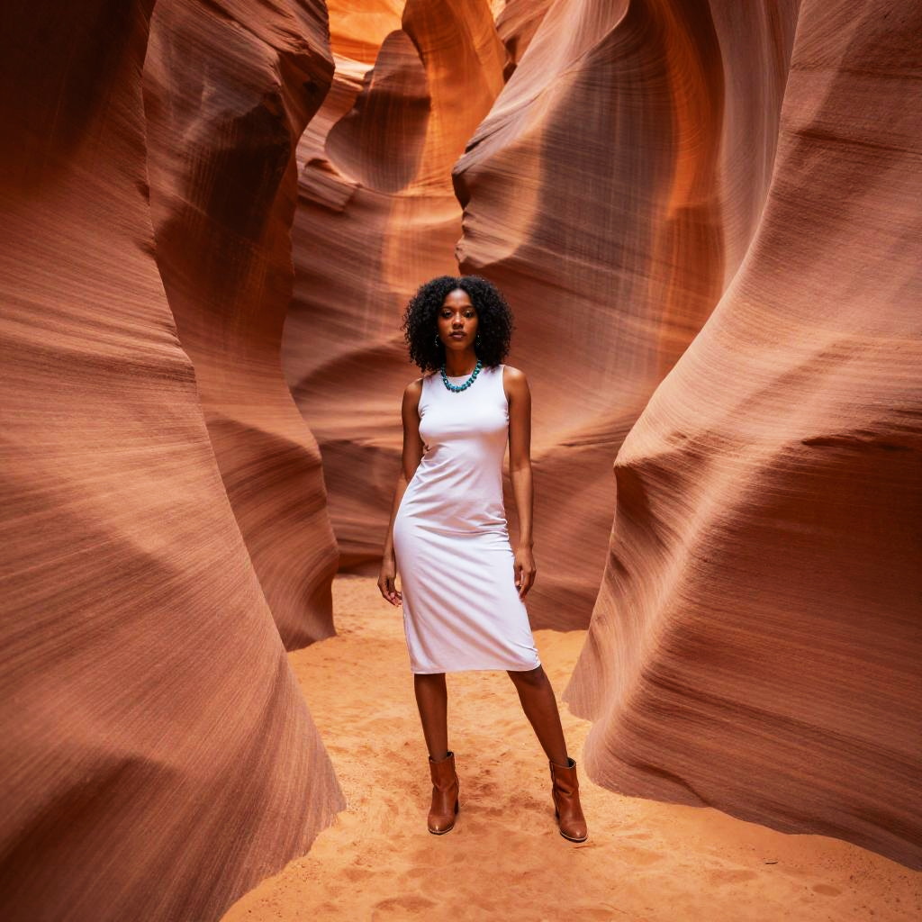 Woman in White Dress Posing in Scenic Narrow Sandstone Canyon
