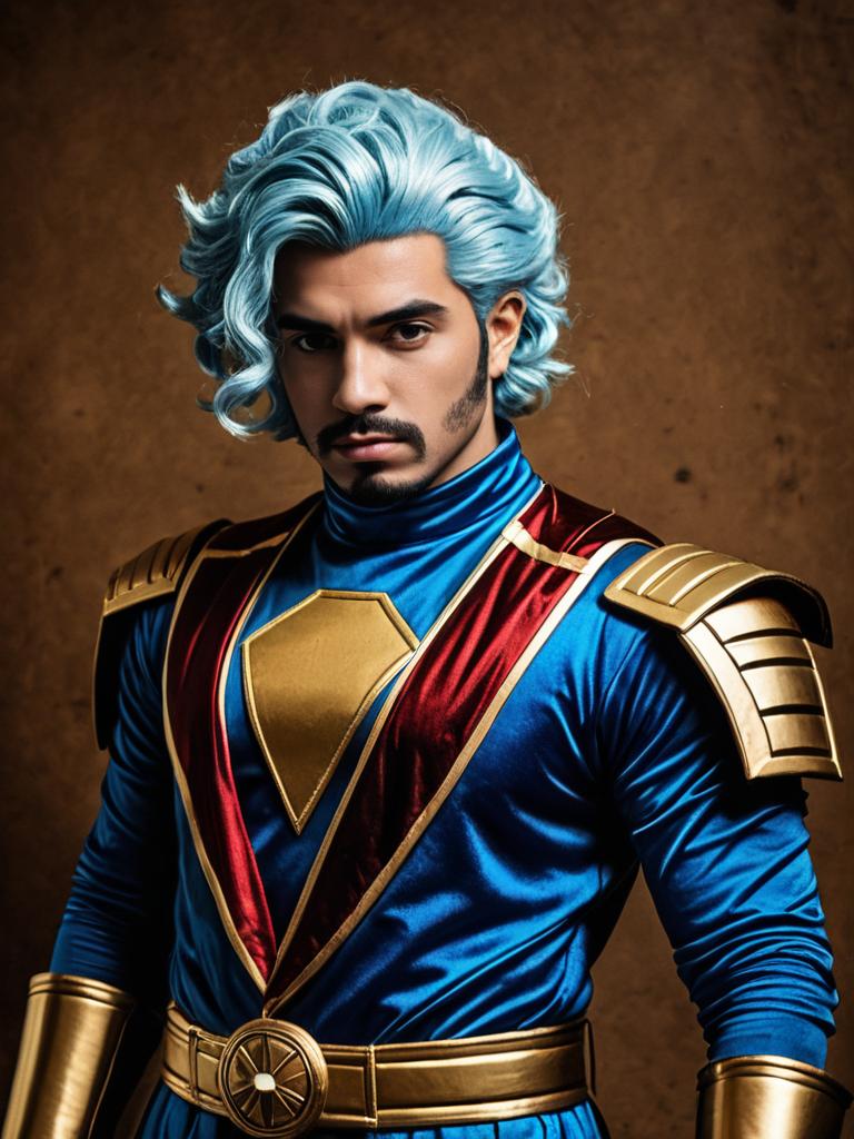 Realistic Male Cosplay of Guido Mista from JoJo's Bizarre Adventure in Blue and Gold Costume