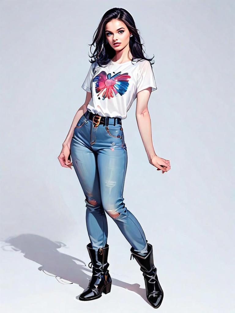 Realistic Comic Style Full Body Illustration of Woman in Casual Outfit