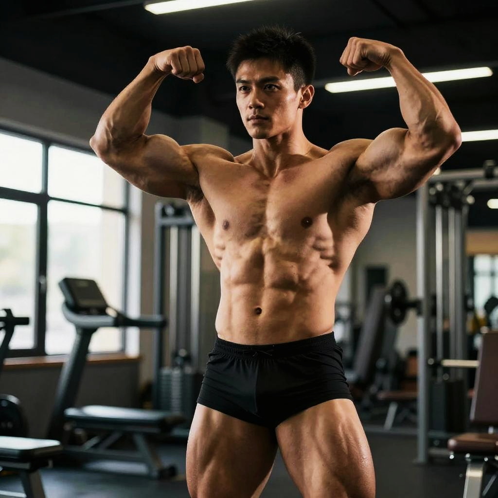 Muscular Man Flexing Biceps in Gym Fitness Pose