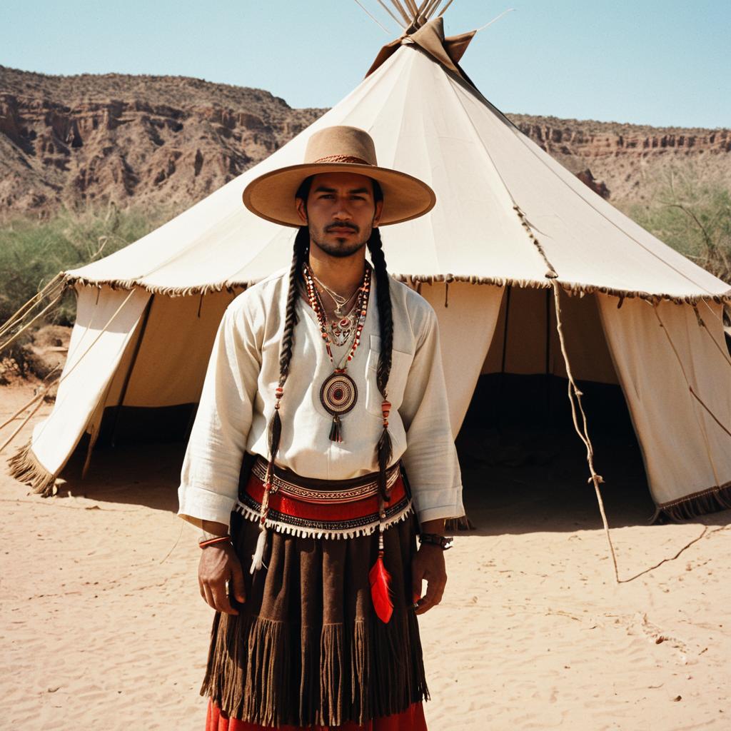 Native American Inspired Man Standing by Teepee in Desert