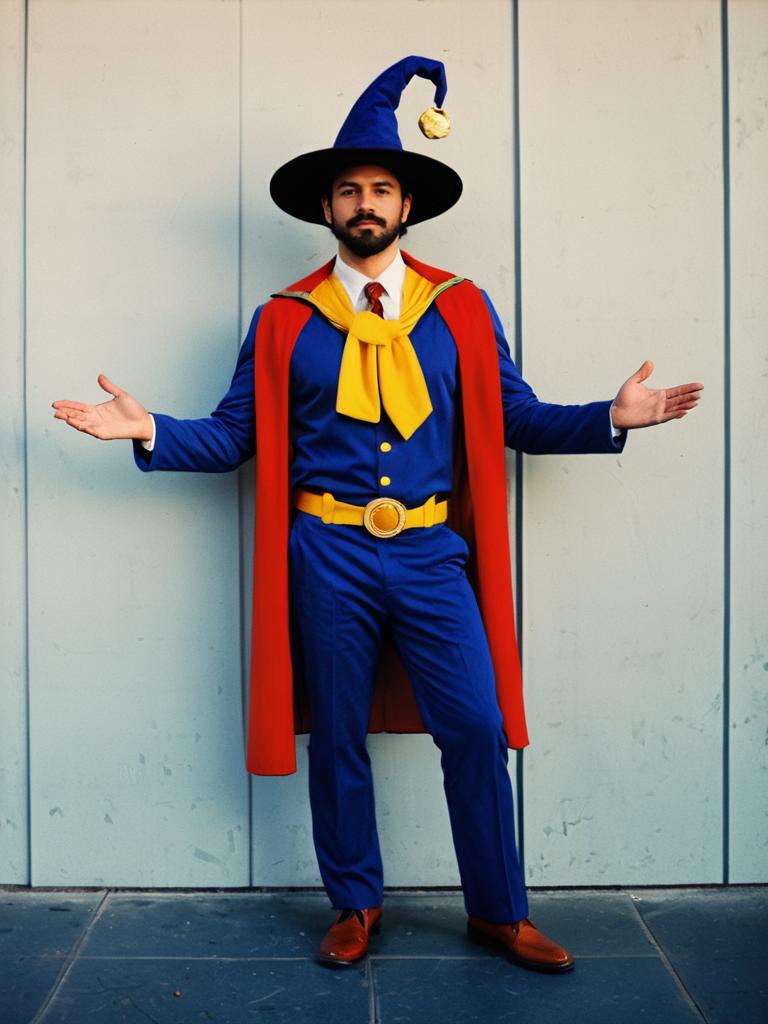 Man in Themed Full-Body Wizard Costume with Blue Suit and Red Cape