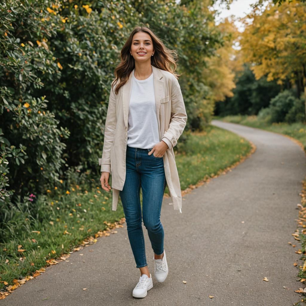 Stylish Woman Walking in Serene Park