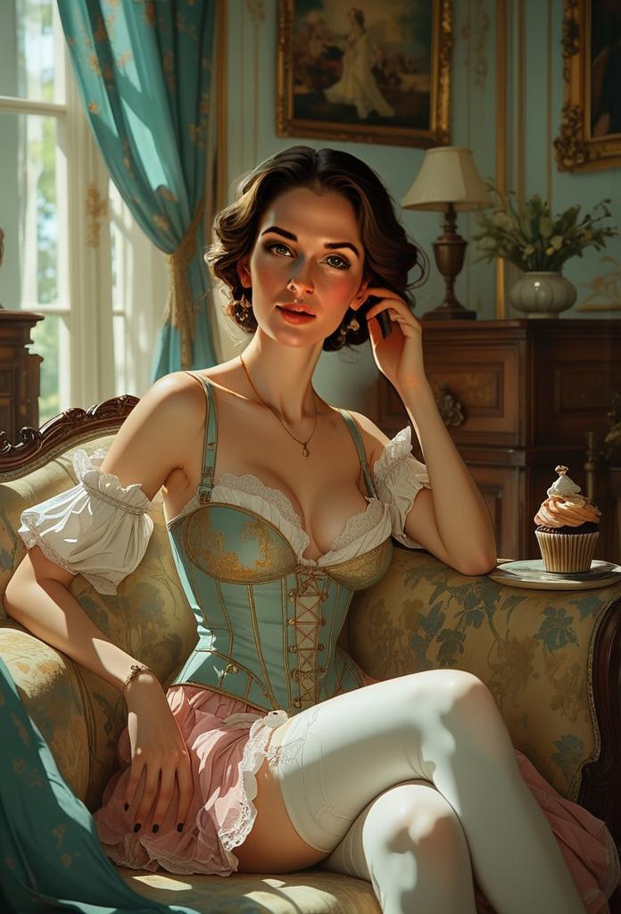 Elegant Woman in Rococo Style Lingerie Sitting on Vintage Sofa Elegant Woman in Rococo Style Lingerie Sitting on Vintage Sofa