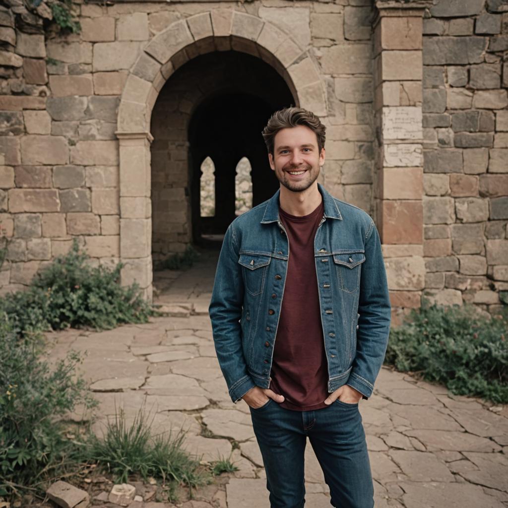 Smiling Man in Denim Jacket by Stone Archway