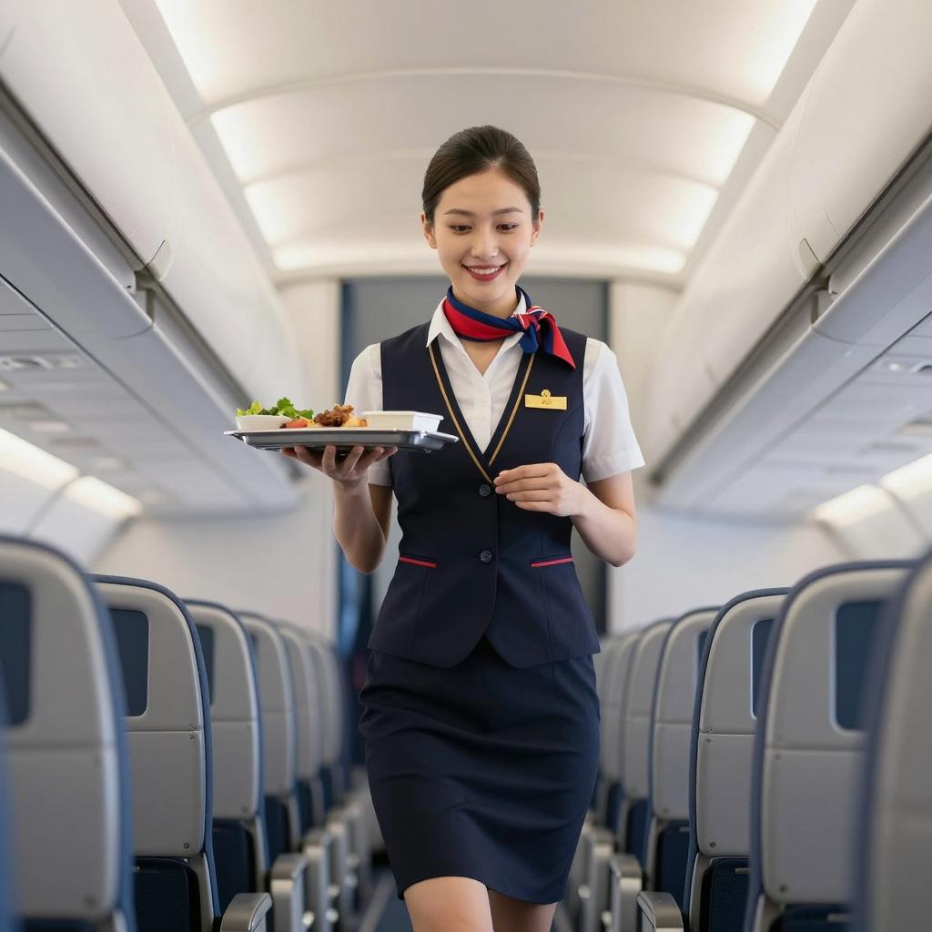 Smiling Stewardess Walking Down Airplane Aisle Carrying Meal Tray