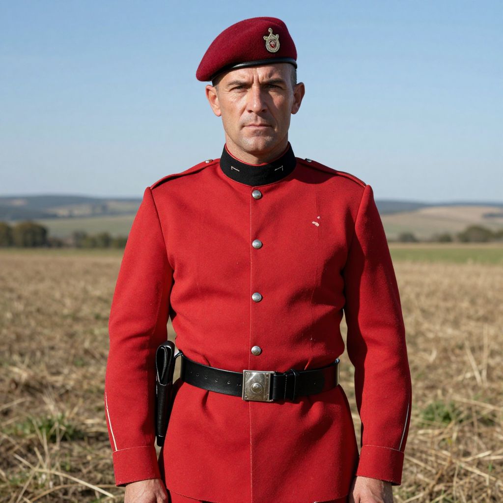 Man in Traditional Red Military Uniform with Beret in Open Field