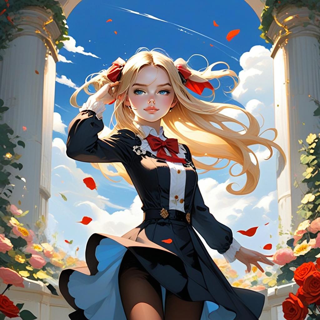 Anime Girl in Elegant Black Uniform with Flowing Hair and Roses