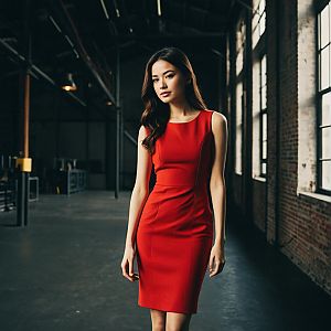 Woman in Red Dress in Industrial Loft Interior