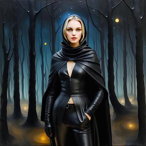 Mysterious Woman in Black Leather Hooded Cape in Enchanted Forest