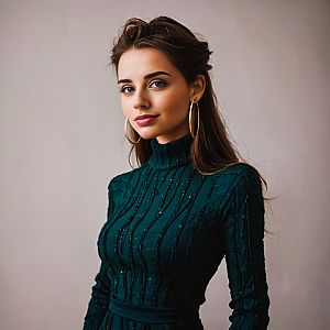 Confident Woman in Dark Green Sweater Dress