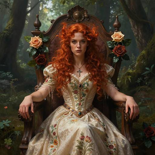 Regal Red-Haired Woman in Embroidered Vintage Gown on Throne in Forest