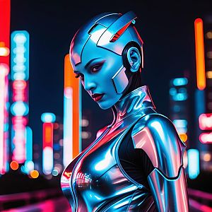 Futuristic Woman in Cybernetic Suit Against Neon Cityscape