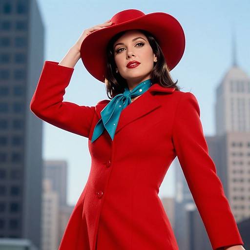 Woman in Red Coat and Wide-Brimmed Hat with Teal Scarf in Urban Setting