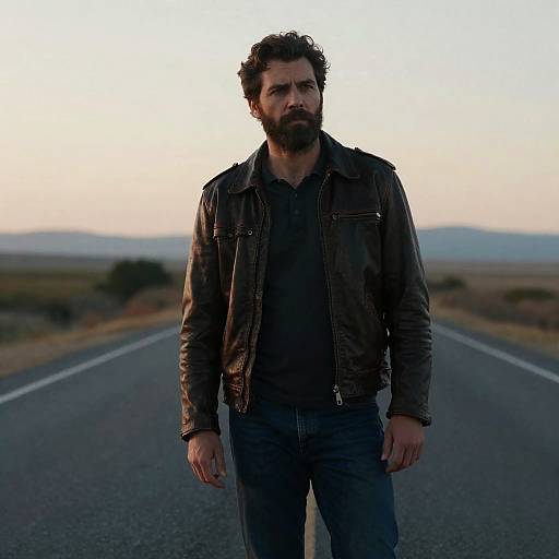 Man Wearing Leather Jacket Standing on Empty Road at Sunset