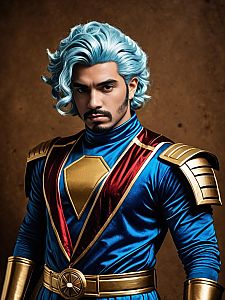 Realistic Male Cosplay of Guido Mista from JoJo's Bizarre Adventure in Blue and Gold Costume