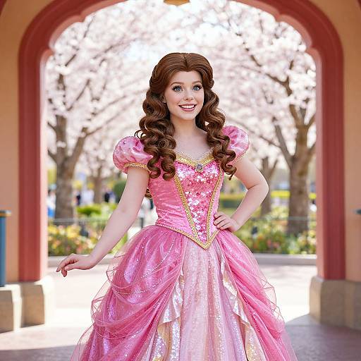 Young Woman in Sparkling Pink Princess Dress Under Archway