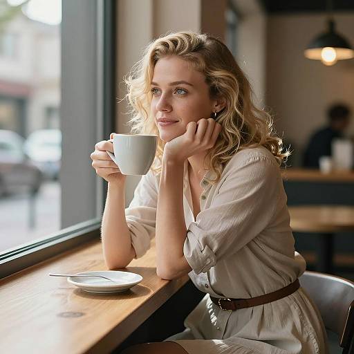 Young Woman Relaxing with Coffee in Cozy Cafe by Window